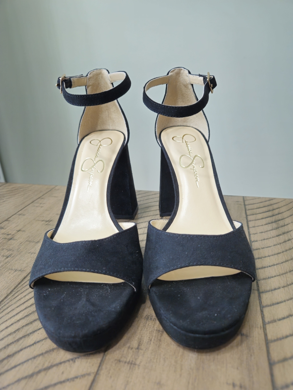 Jessica Simpson Black Suede Block Heel Sandals with Ankle Strap